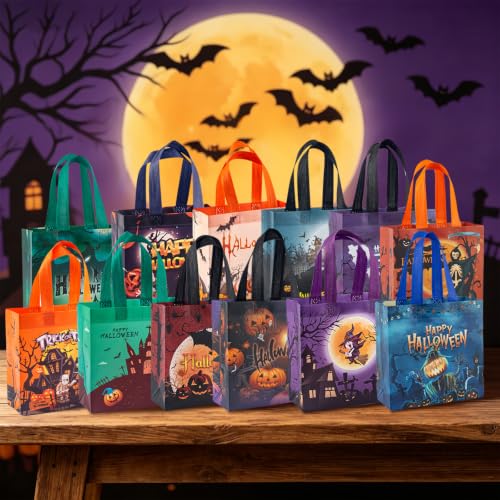 24 Pcs Halloween Trick or Treat Bags, 12 Designs Gift Bags with Handles, Reusable Non-Woven Halloween Tote Bags,Perfect for Halloween Gifts Wrap,Candy Goodie Packs,Party Favor Supplies,7.9"×7.9"×3.15" - image 6