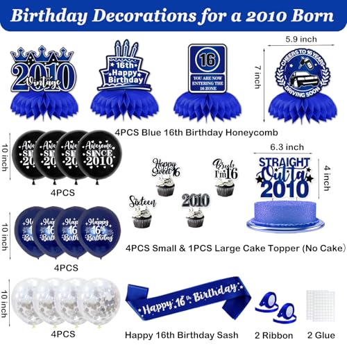 Image of 16th Birthday Decorations Boys Girls, Blue Happy 16th Birthday Party Decorations, Pre-Strung Awesome Since 2010 & Happy 16th Bday Bruh Banner, Balloon, Hanging Swirl, Cake Topper, Bday Sash Honeycomb