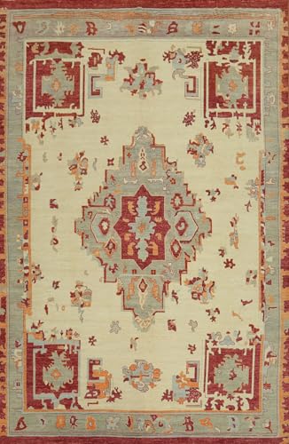 Transitional Collection Large Rugs (Palace Sized) Medallion Rug, Hand Knotted Beige & Ivories 100% Wool Carpet for Home Décor, Bedroom, Living Room, Dining Room