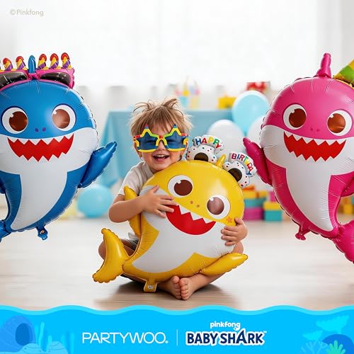 Image of PartyWoo Baby Shark Family Foil Balloons 5pcs 36 34 32 Inch Baby Shark Family Mylar Helium Birthday Balloons for Boys and Girls Children Under the Sea Ocean Theme Kids Birthday Party Decorations