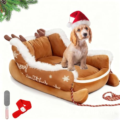 Lit en traîneau de Noël pour chien, chat – Lit chaud avec base antidérapante – Lit isolant...