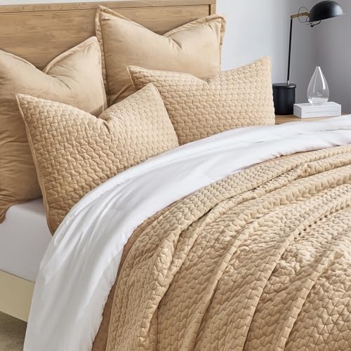 Evergrace Luxury Velvet Quilt Set King Size 3 Piece, Soft Oversized Cross-Stitch Velvet Comforter Set With Pillow Shams, Lightweight Velvet Coverlet Bedspread Bedding Set For All Seasons, Camel thumb #5