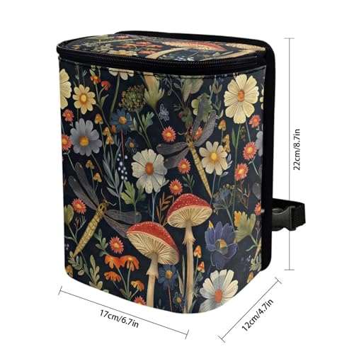 Image of Talayituse Mushroom Dragonfly Daisy Print Car Trash Can with Lid, Leak Proof Auto Trash Bag Hanging Vehicle Garbage Can Multipurpose Storage Container for Back Seat Road Trip