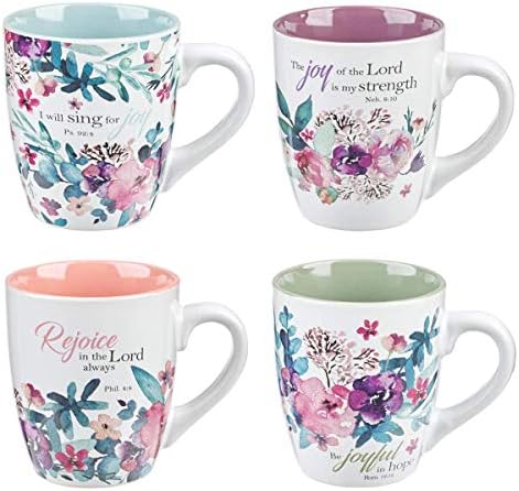 Christian Art Gifts Ceramic Coffee/Tea Mug Set for Women | Rejoice Watercolor Flowers Design Bible Verse Mug Set | Boxed Set/4 Coffee Cups