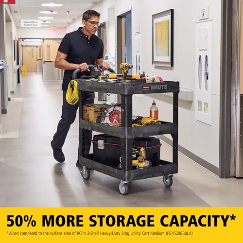 Image of Rubbermaid Commercial Brute 3-Shelf Heavy-Duty Utility /Service Cart, Medium, High Storage, Lipped Shelves, Ergonomic Handle, 600 lb. Capacity, Ideal for Warehouse /Garage /Cleaning /Maintenance /Office
