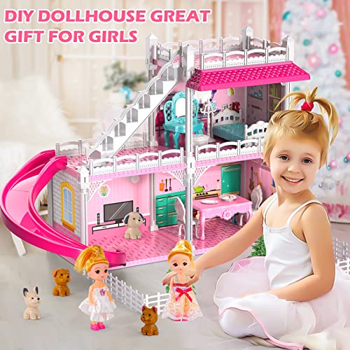 Doll House, Dream House Furniture Pink Girl Toys, 2 Stories 3 Rooms Dollhouse With 2 Princesses Slide Accessories, Toddler Playhouse Gift For For 3 4 5 6 7 8 9 10 Year Old Girls Toys #TOP3