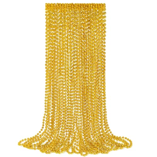 YAXINRUI 12 PCS Gold Bead Necklaces Christmas Bead Necklaces Gold Mardi Gras Beads 33 Inch Round Beaded Necklaces for Mardi Gras Party Christmas New Year Eve Festive Events Party Favors