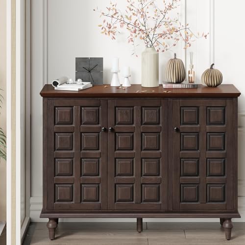 Aoikax Retro 3 Door Storage Cabinet with Plaid Pattern Front,