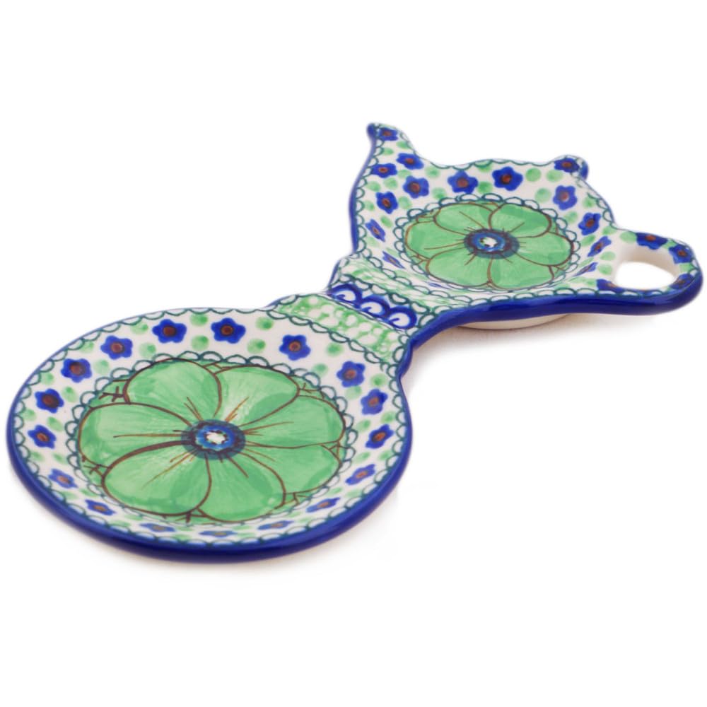 Authentic Polish Pottery Tea Bag or Lemon Plate Signature UNIKAT in Green Pansies Design Handmade in Boles?awiec Poland by Ceramika Artystyczna + Certificate of Authenticity