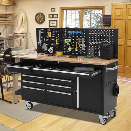Image of PeakPursuit 61 inch Rolling Tool Chest with 10 Drawers, Workbench Cabinet with Power Strip, Solid Rubber Wood Top, Pegboard, 1675 LBS Load, Mobile Heavy Duty Garage Storage, Locking Wheels, Black