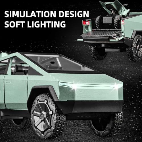 Image of PLUSPOINT 1 /32 Alloy Tesla Toy car Cybertruck Toy Pickup Trailer RV Model Kit with Beach Motorcycle, Diecast Alloy Metal RV Car Model Cyber Truck Toy with Sound Light and Pull Back,Birthday Gifts
