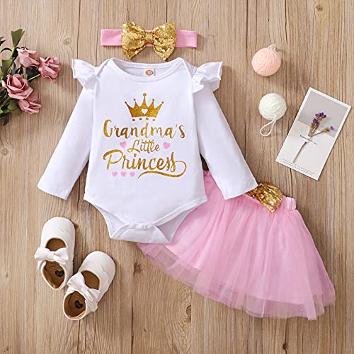 Grnshts Newborn Baby Girls Skirt Set Infant Grandma's Princess Romper Bodysuit Tutu Skirt Headband Outfit Clothes (Pink, 3-6 Months) #TOP1