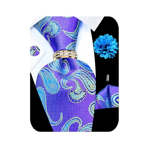 Image of 5PCS Tie and Pocket Square for Men, Silk Necktie and Handkerchief Cufflinks with Gold Ring and Lapel Pin Set