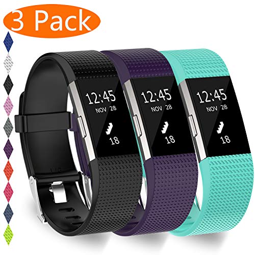KingAcc Compatible Fitbit Charge 2 Bands, Soft Silicone Replacement Band for Fitbit Charge 2, Metal Buckle Fitness Wristband, 3-Pack Sport Strap for Women Men,(Black&Lakeblue&Darkpurple,Large)