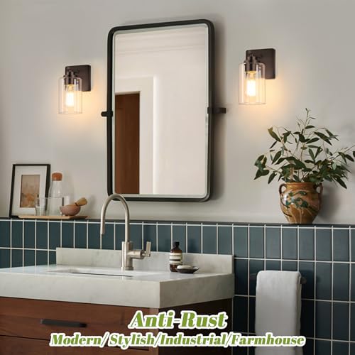 Image of VerRon Set of 2 Wall Sconces for Bathroom, Modern Vanity Light Fixtures, Oil Rubbed Bronze Mount Lighting Lanterns, Farmhouse Wall Lights with Clear Glass Shade for Bedroom Living Room Mirror Hallway