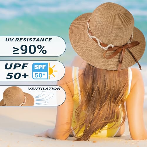Image of Beach Hat for Women, Wide Brim Sun Straw Hats for Women, Sun Hat Womens UPF 50+ UV Protection, Floppy Foldable Summer Hats