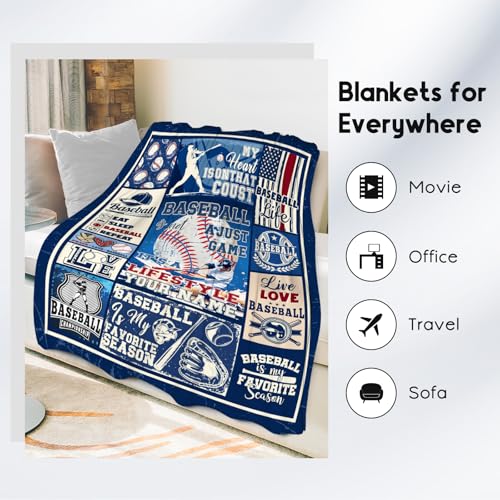 Custom Baseball Blanket for Boys - 40x50 Inches Sports Throw Blanket for Boys Kids - Blue Soft Fuzzy Blankets for Couch, Sofa & Office