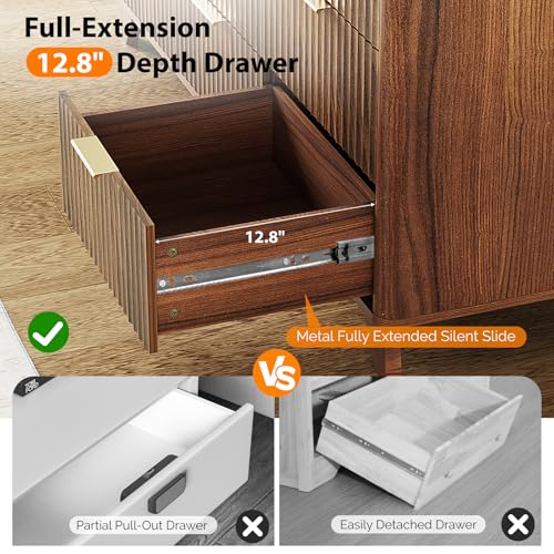 Image of VINGLI Fluted Walnut Dresser 6 Drawer, Dark Brown Wood Dresser with Rounded Edges, Mid Century Modern Walnut Dressers for Bedroom, 46.8 inch W*15.5 inch D*31 inch H