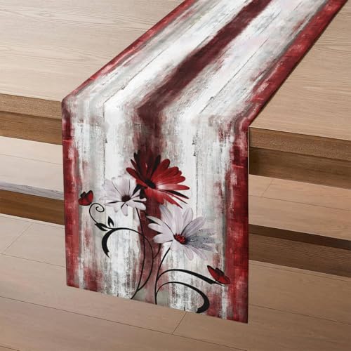 Tischläufer Weihnachten Blumen in Weihnachtsrot Moderne Tischläufer 140x40 cm Weiße Gänseblümchen Schwarze Blätter Schmetterling Küche Tisch Dekoration für Weihnachten Drinnen Urlaub Party Dekor