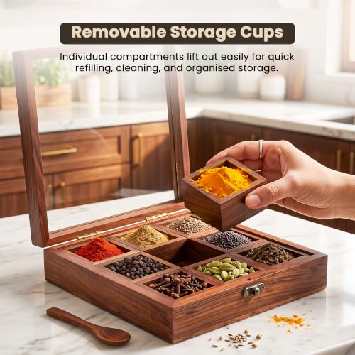Image of Wooden Spice Box for Kitchen | Sheesham Wood Masala Dabba with 9 Containers | Spice Organizer with Glass Lid, Safety Lock & Wooden Spoon | Masala Dani /Namak Dani Storage Box for Home & Kitchen