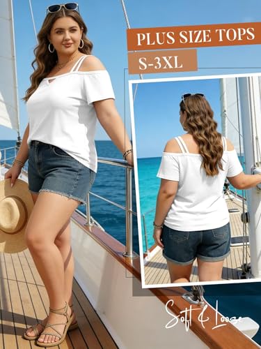 Image of Bliwov Womens Cold Shoulder Tops Short Sleeve Cute Sexy Summer Spring Beach Vacation T Shirts Fashion Outfits Basic Clothes