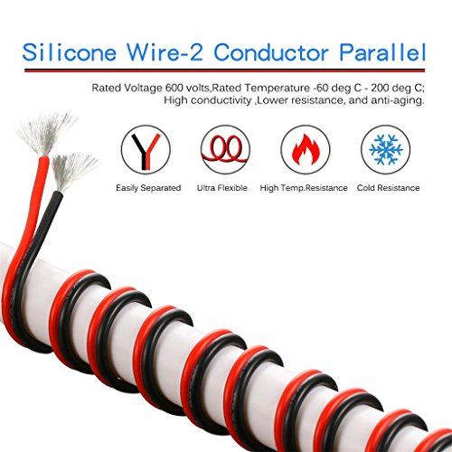 BNTECHGO 16 Gauge Flexible 2 Conductor Parallel Silicone Wire Spool Red Black High Resistant 200 deg C 600V for Single Color LED Strip Extension Cable Cord,model,25ft Stranded Copper Wire