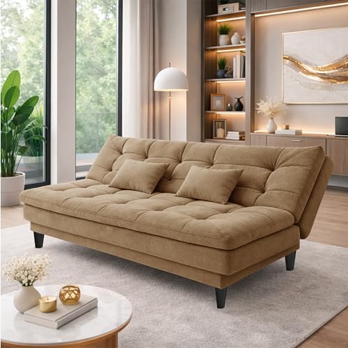 Image of Modern 3 Seater Sofa Cum Bed | Tufted Backrest | Velevt Fabric Upholstery | Living Room Furniture-Golden