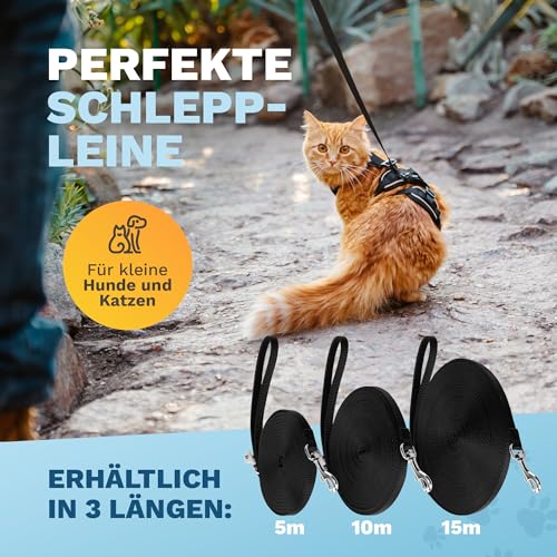PETS PERFECT SCHLEPPLEINE 5M – Lange Leine Hund für Training & Freilauf – Schleppleine Kleine Hunde extra leicht & robust für Hunde und Katzen – Schwarz