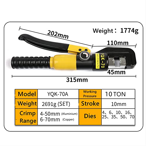 Hand Operated Hydraulic Crimping Tool Range 12 AWG-2/0 AWG for Cable Lugs Hydraulic Crimping Crimper Wire Terminal Lug Tool with 8 Pairs of Dies