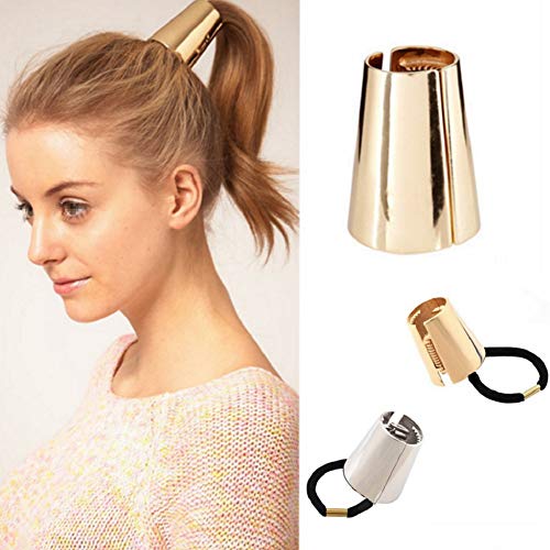2PCS Gothic Punk Metal Hair Ties Ponytail Hair Cuff Metal Elastic Hair Clips Ponytail Holder Buckle Hair Band Hair Rope Hair Rings Hair Accessory Headwear for Women Girls(Gold + Silver)