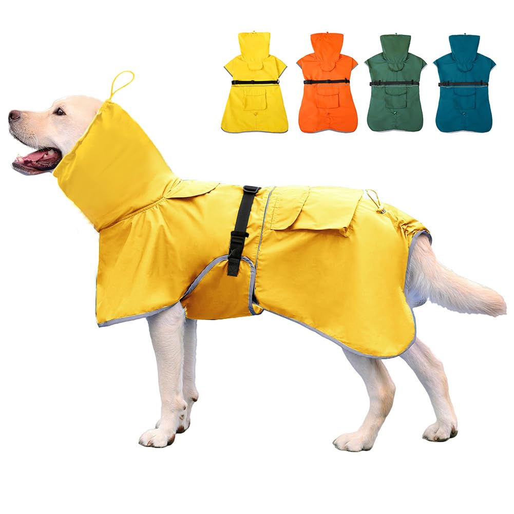 KOOGAL Waterproof Dog Raincoat, Adjustable Hooded Slicker Poncho, Reflective Rain Jacket for Medium Large Dogs (Yellow, 3XL)