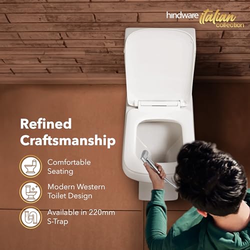 Image of Hindware Italian Collection Enigma One Piece Floor Mount Western Commode for Bathroom | Made of Ceramic | S-220 Trap | Soft Close | Star White | Geometric Shape | Floor Mount Ewc | 10-Year Warranty