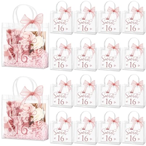 Sweetude 18 Pcs Sweet 16 Birthday Gift Bag 16th Party Gift Bags with Handles and Ribbons Clear Pink Birthday Party Favors for Guests 16 Years Sweet Supply Decorations