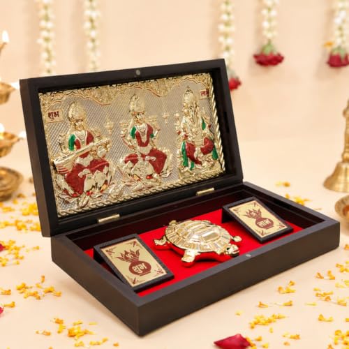 Image of ARNAVIRA Lakshmi Ganpati Sarawati Gold Plated Photo Frame with Tortoise Pocket Temple for Diwali Gift, House Warming Gifts, Return Gift Puja Box
