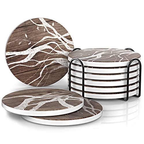 UMIRRO Ceramic Coasters for Wooden Table, Absorbent Drink Coasters with Holder for Tabletop Protection, Rustic Country Farmhouse Coasters w/Brown Wood Texture for Cups & Glasses, Coffee Bar Accessory