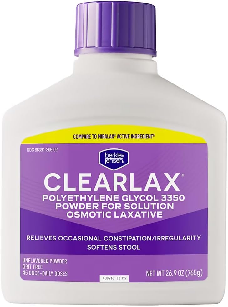 Berkley Jensen ClearLax Polyethylene Glycol 3350 Powder for Solution, Osmotic Laxative, Stool Softener, Gentle Occasional Constipation Relief, Unflavored, 45 Dose, 26.9 oz, Pack of 1