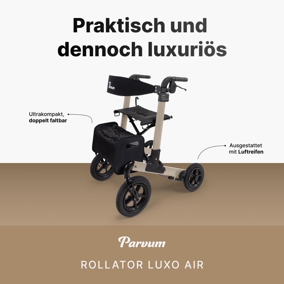 Luxo Air Rollator - Leicht & 2-fach faltbar – Mit Luftreifen, integriertem Bremssystem, gepolsterter Sitz- und Rückenlehne, Tasche, Stockhalter - 7,1 kg - Gehhilfe für Senioren - Champagner