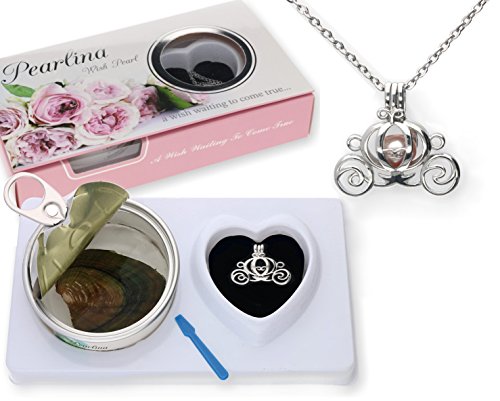 Pearlina Princess carriage Cultured Pearl Oyster Necklace Set Silver-tone Cage w/Stainless Steel Chain,182