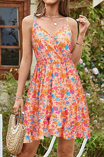 Image of ULTRANICE Womens Summer Dresses Floral V Neck Ruffled Hem Spaghetti Spring Casual Beach Outfits Flowy Wrap Sun Dress