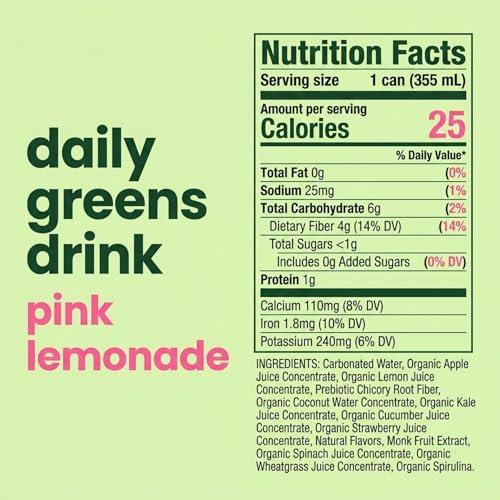 Image of Be Amazing Greens Drink, Pink Lemonade, Ready to Drink, 10 Organic Fruits & Vegetables, Coconut Water, Vitamin C, Prebiotic Fiber, 25 Calories, Low Sugar, Vegan, Gluten Free, On the Go, 8 Pack