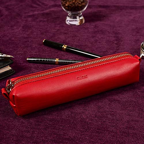 Image of DiLoro Leather Zippered Fountain Ballpoint Rollerball Pens and Pencils Case Holder Pouch Genuine Full Grain Soft Nappa Leather (Red)
