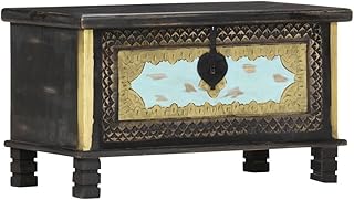 RAUGAJ Baúl de almacenamiento negro 80x40x45 cm madera maciza de mango, color del artículo: negro, dorado y azul