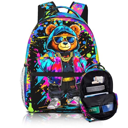 Cartoon Bear Backpack，Cool Cute Graffiti Bear Backpack School Bag，Graffiti Bookbag For Work Travel，Cool Lightweight Stylish Bookbag For Kids Boys Children Students