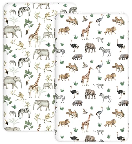 Image of Crib Sheets for Boys and Girls, 2 Pack Fitted Baby Sheets for Standard Toddler Mattress 28 inch x 52 inch, Soft Breathable Jersey Knit Baby Bedding (Jungle Journey)
