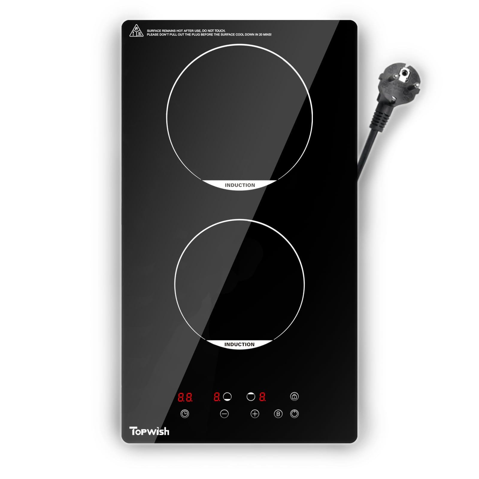 Topwish placa induccion 2 fuegos, placa de inducción 30cm, placa inducción dos fuegos con cierre de seguridad, Booster, Indicador de superficie caliente, con enchufe, 3500W