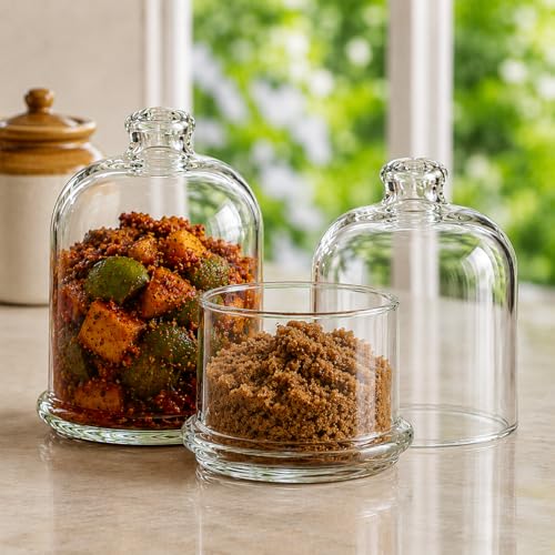 Image of Ask Me Glass Bell Jar Collection | 5 Inch Glass Dome Food Container | Decorative Storage Jar with Lid for Kitchen, Snacks, Sweets, Cakes & Home Decor | Clear Display Cloche Dome Jar (2)