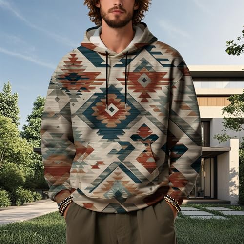 Mens Hooded Sweatshirt Western Aztec Printed Vintage Casual Pullover Tops Loose Fit Ethnic Fall Hoodies with Pocket2
