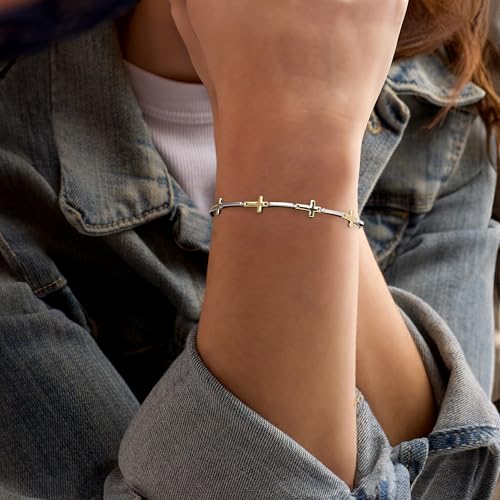 Ross-Simons Sterling Silver and 18kt Gold Over Sterling Cross Bracelet. 7 inches2