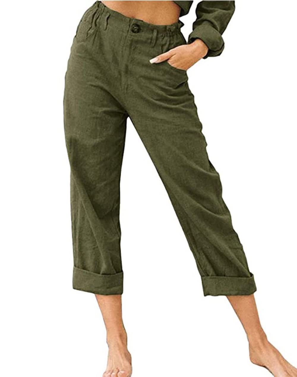 Vansha Women Cotton Cropped Straight Leg Crop Pants Ladies Casual Long Loose Pant Slacks