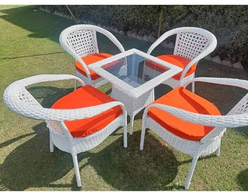 Image of PRATHAM India Patio 4+1 Furniture Set Bistro Set Porch Backyard Garden Outdoor Furniture Rattan Chairs and Table Wicker Conversation Set (White with Black Lines, Orange Cushion 4+1 Square Table)